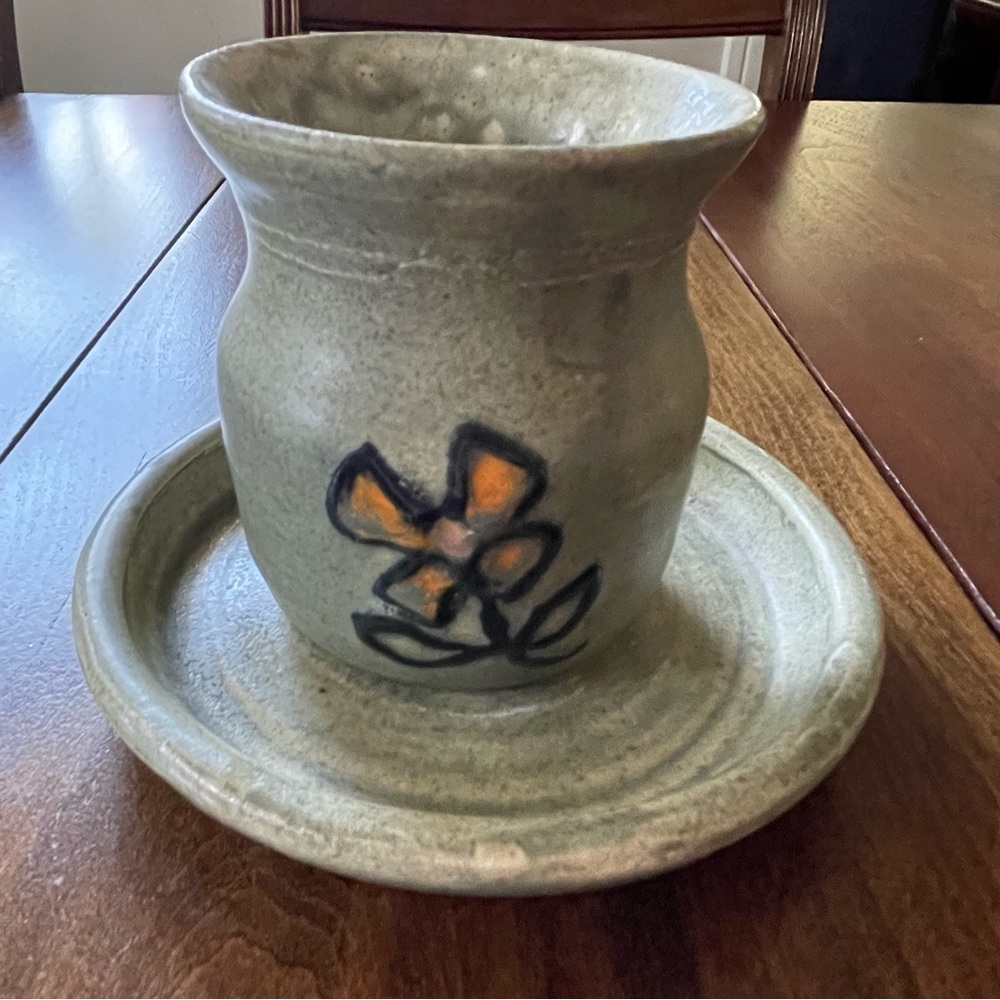 Studio signed Pottery Vase with Under-plate sage green with orange Flower
